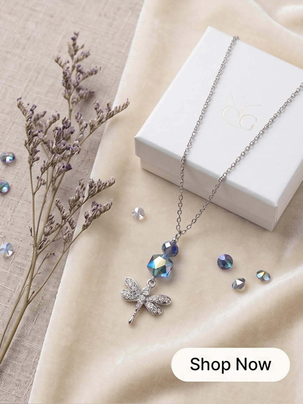 Silver Dragonfly Pendant Necklace in Iridescent Blue